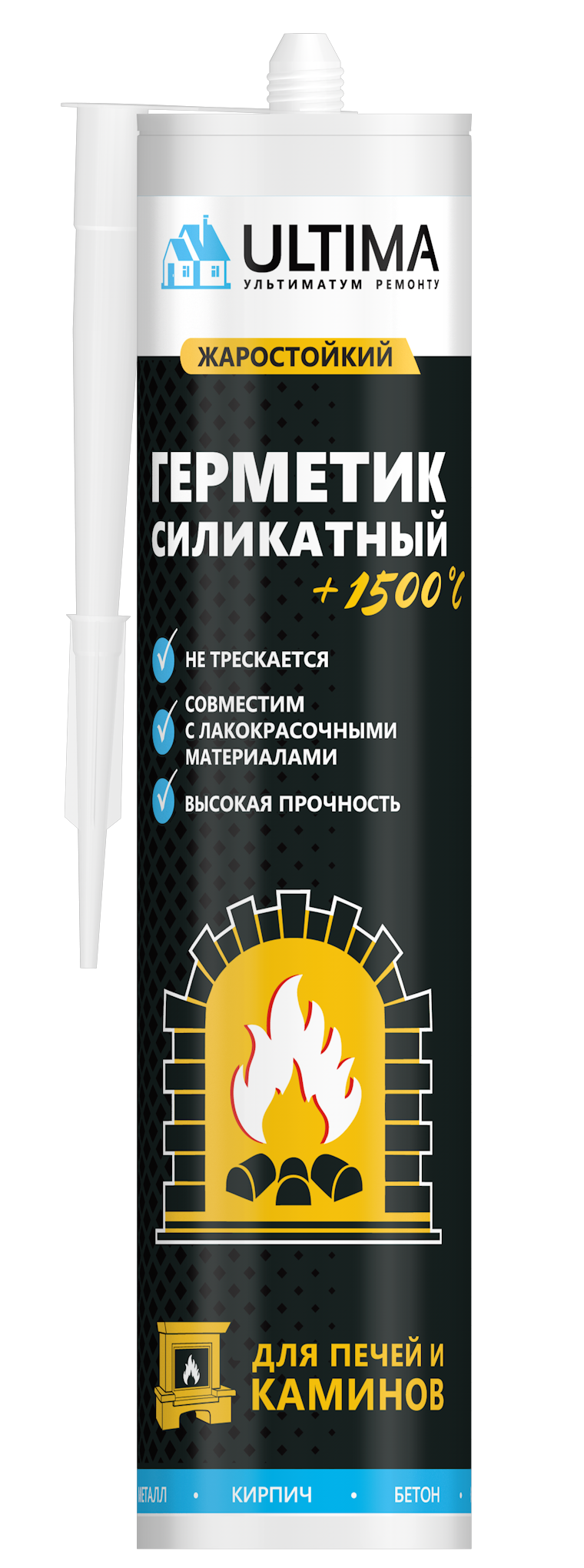 Герметик силикатный для печей и каминов ULTIMA, 1500, 260мл черный