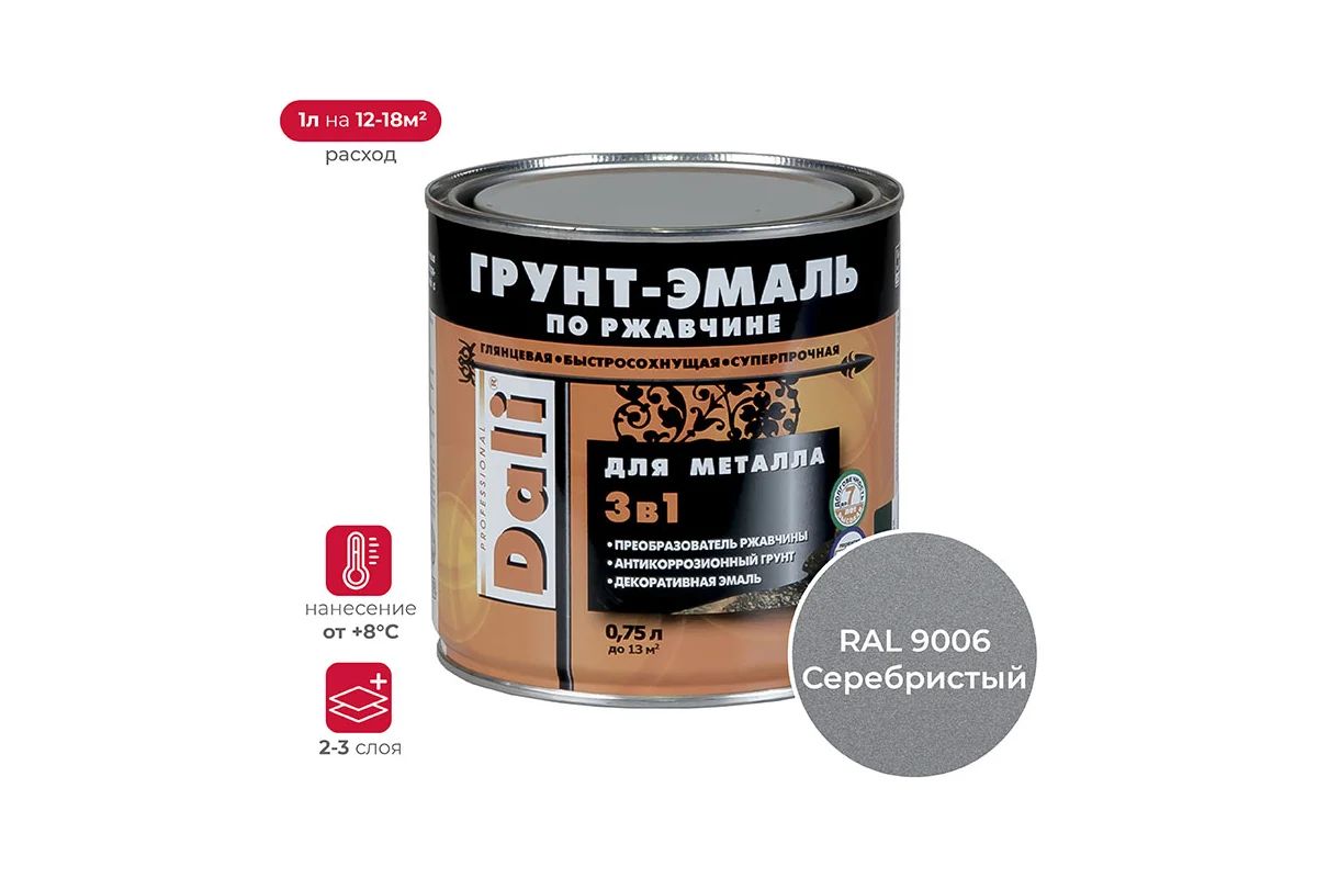 Грунт-эмаль по ржавчине серебристый алюминий 0,75 Dali RAL9006